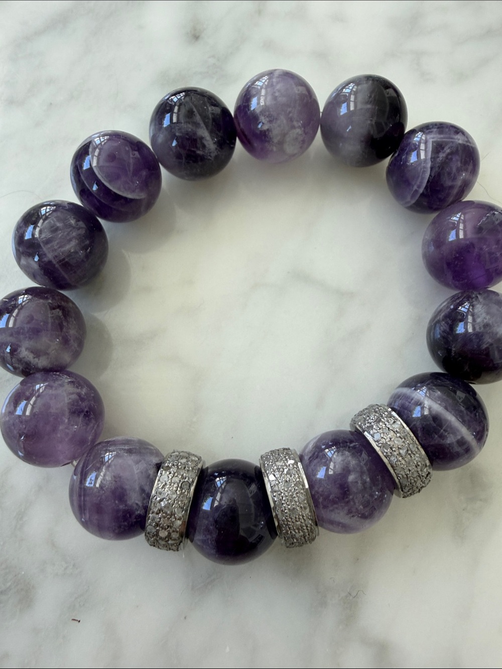 Amethyst Beaded Stretch Bracelet with Pavé Silver Accent Rings